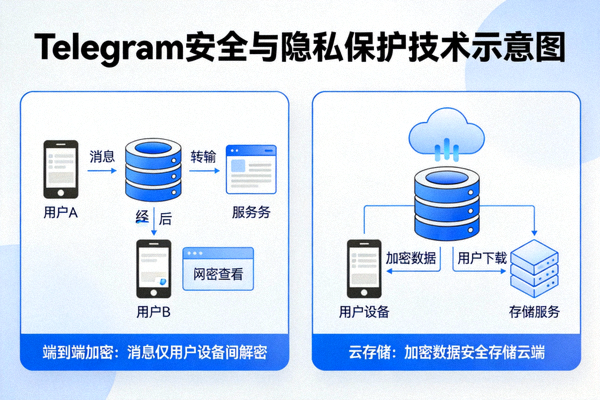 Telegram 安全与隐私保护技术示意图，展示端到端加密和云存储